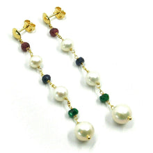 Load image into Gallery viewer, 18k yellow gold pendant earrings fw white pearls, ruby, sapphire, emerald.
