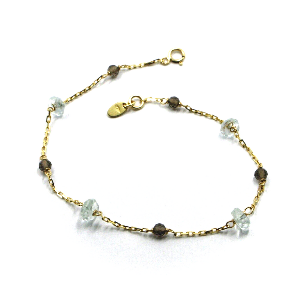 18k yellow gold square rolo bracelet faceted aquamarine discs and smoky quartz.