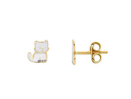 18k yellow gold kid child girl baby earrings enamel white 7mm cats cat.