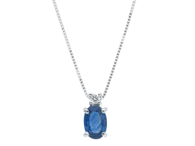 18k white gold necklace oval 0.5ct sapphire & diamond pendant, venetian chain.