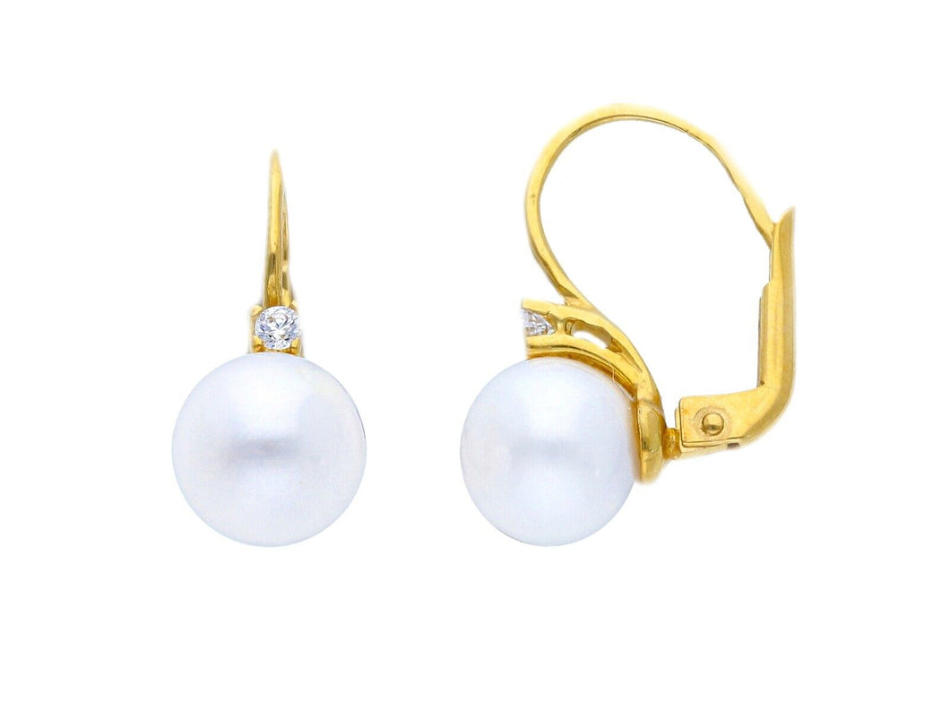 18k yellow gold leverback earrings 8.5/9mm freshwater pearls and cubic zirconia.