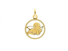 Load image into Gallery viewer, 18K YELLOW GOLD MEDAL 15mm ROUND PENDANT, GUARDIAN ANGEL, DOTTED FRAME
