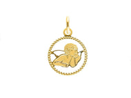 18K YELLOW GOLD MEDAL 15mm ROUND PENDANT, GUARDIAN ANGEL, DOTTED FRAME.