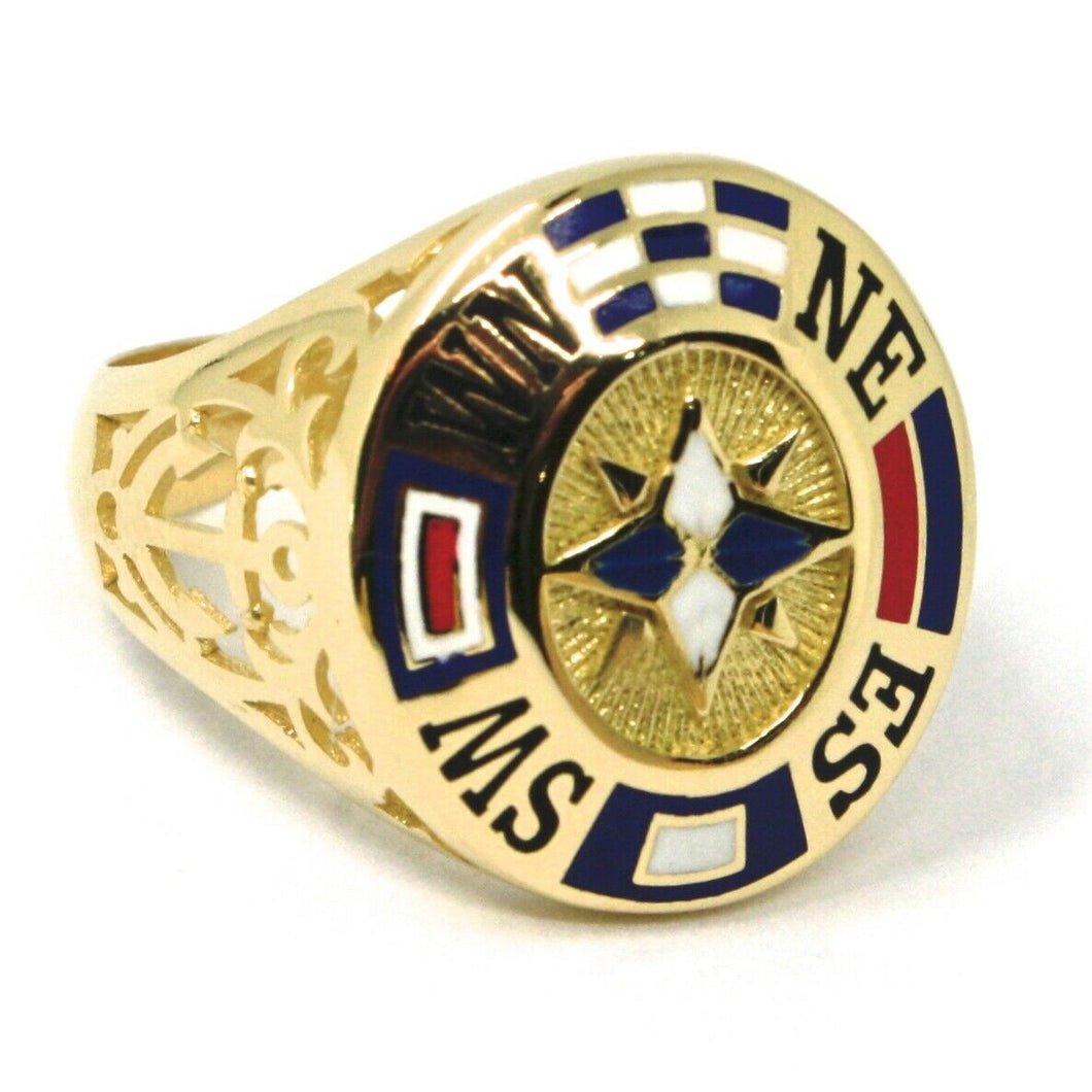 18k yellow gold band man ring, nautical anchor, flags, enamel, compass wind rose
