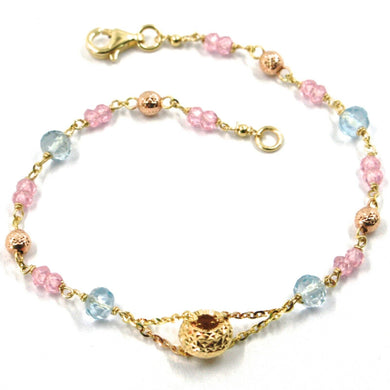 18K YELLOW ROSE GOLD BRACELET, AQUAMARINE, QUARTZ, DIAMOND CUT BALLS AND DISC.