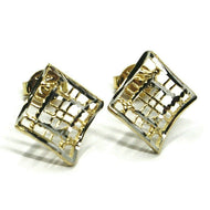 SOLID 18K YELLOW WHITE GOLD EARRINGS, WAVY, 13x12 mm, WORKED RHOMBUS, STRIPED.