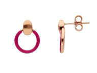 18K ROSE GOLD PURPLE ENAMEL DISC CIRCLE 12mm PENDANT TUBE EARRINGS.