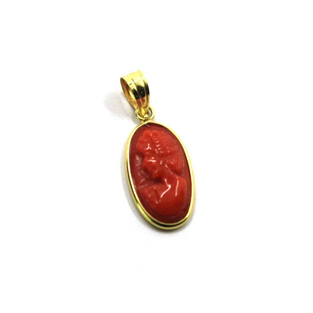 18K YELLOW GOLD PENDANT LADY FACE SMALL 15x8mm, OVAL CABOCHON RED CORAL