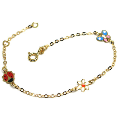 18k yellow gold girl bracelet enamel ladybug flower daisy butterfly, 6.3