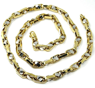 18K YELLOW WHITE GOLD CHAIN, BIG OVAL CABLE SQUARED ALTERNATE LINK 7mm, 24