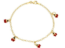 Load image into Gallery viewer, 18k yellow gold rolo bracelet with five puffed 5mm red enamel pendant ladybugs.
