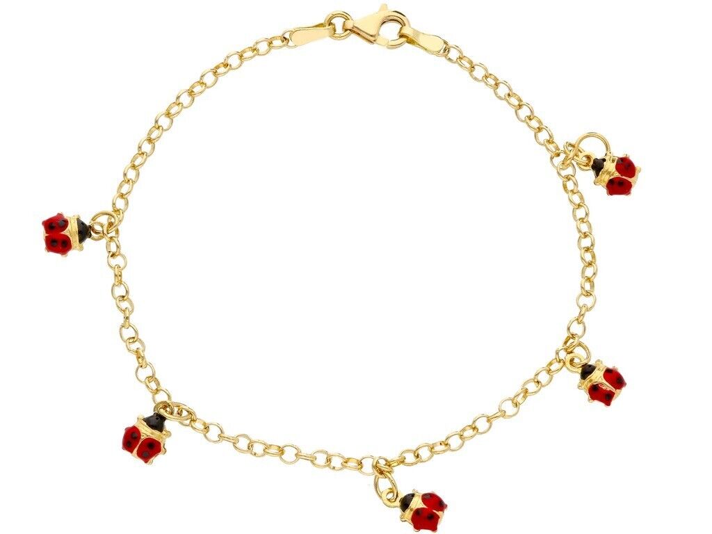 18k yellow gold rolo bracelet with five puffed 5mm red enamel pendant ladybugs.