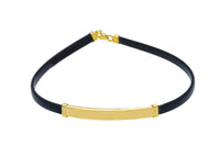 18K YELLOW GOLD BRACELET 5mm RECTANGULAR FLAT SMOOTH PLATE & BLACK RUBBER, 8.3