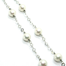 Load image into Gallery viewer, 18k white gold necklace oval baroque central pearl, round pearls, rhombus chain
