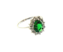 Load image into Gallery viewer, SOLID 18K WHITE GOLD FLOWER RING OVAL GREEN CRYSTAL AND CUBIC ZIRCONIA FRAME.
