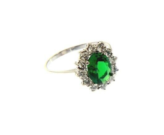 SOLID 18K WHITE GOLD FLOWER RING OVAL GREEN CRYSTAL AND CUBIC ZIRCONIA FRAME.