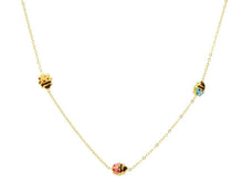 Load image into Gallery viewer, 18k yellow gold necklace, with 5 rounded puffed 5mm enamel ladybugs, rolo chain.
