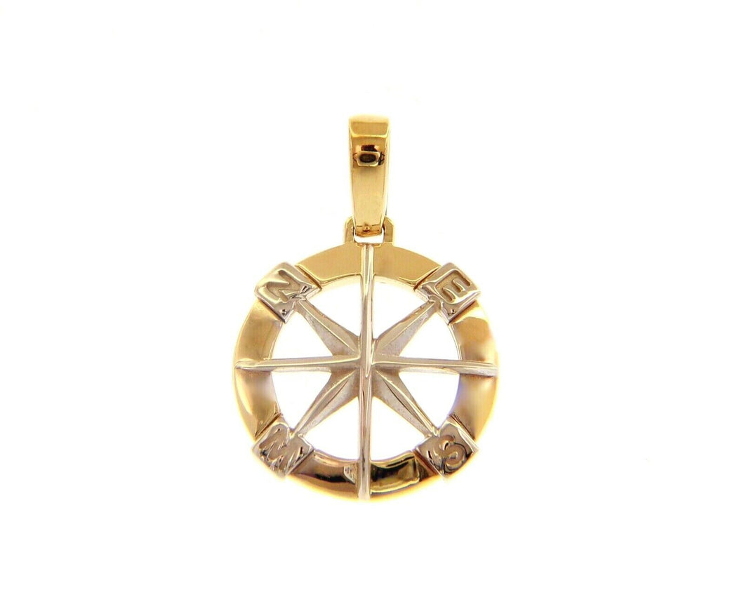 18k yellow white gold compass wind rose round pendant, diameter 17mm 0.7