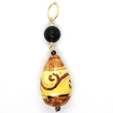 18K YELLOW GOLD PENDANT, SMOKY QUARTZ POTTERY CERAMIC DROP HAND PAINTED IN ITALY.