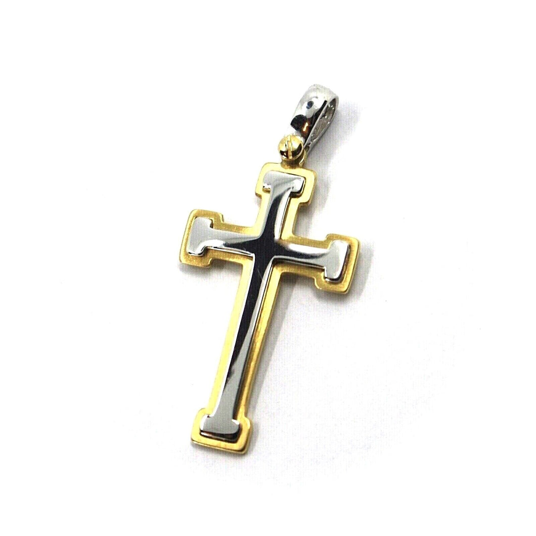 SOLID 18K YELLOW WHITE GOLD FLAT DOUBLE CROSS PENDANT 29mm 1.14