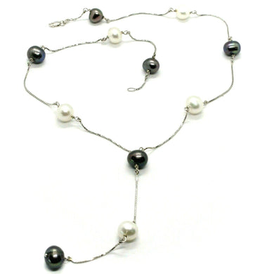 18k white gold lariat necklace venetian chain black & white pearls 8.5 mm.