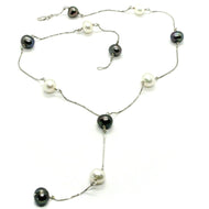 18k white gold lariat necklace venetian chain black & white pearls 8.5 mm.