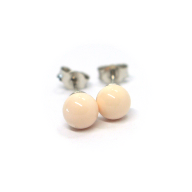 18k white gold 6mm balls spheres reconstructed pink coral button earrings.
