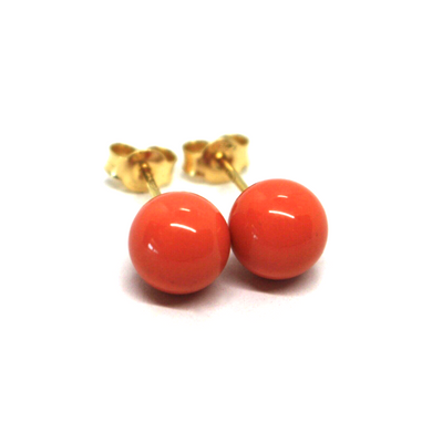 18k yellow gold balls spheres red reconstructed coral button earrings 8mm, 0.31