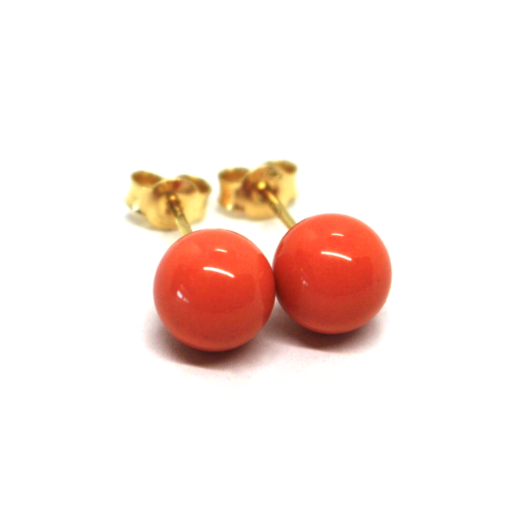 18k yellow gold balls spheres red reconstructed coral button earrings 8mm, 0.31