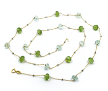 Load image into Gallery viewer, 18k yellow white gold 24&quot; necklace faceted 6mm oval aquamarine and green peridot.
