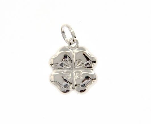 18k white gold rounded four leaf pendant charm 22 mm smooth made in Italy.