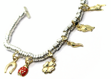 Load image into Gallery viewer, 925 STERLING SILVER BRACELET, 9K YELLOW GOLD HORSESHOE, HAND, OWL, HORN, LADYBUG.
