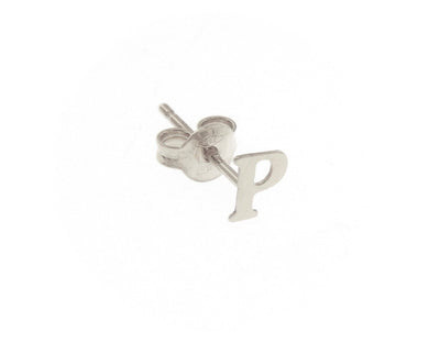 18K WHITE GOLD BUTTON SINGLE EARRING, FLAT SMALL LETTER INITIAL P, 6mm 0.24