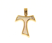 Load image into Gallery viewer, 18k yellow gold 20mm cross Franciscan tau Saint Francis mother of pearl pendant.
