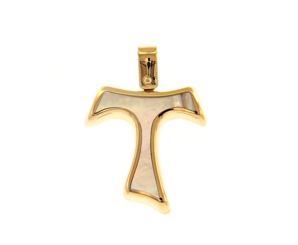 18k yellow gold 20mm cross Franciscan tau Saint Francis mother of pearl pendant.