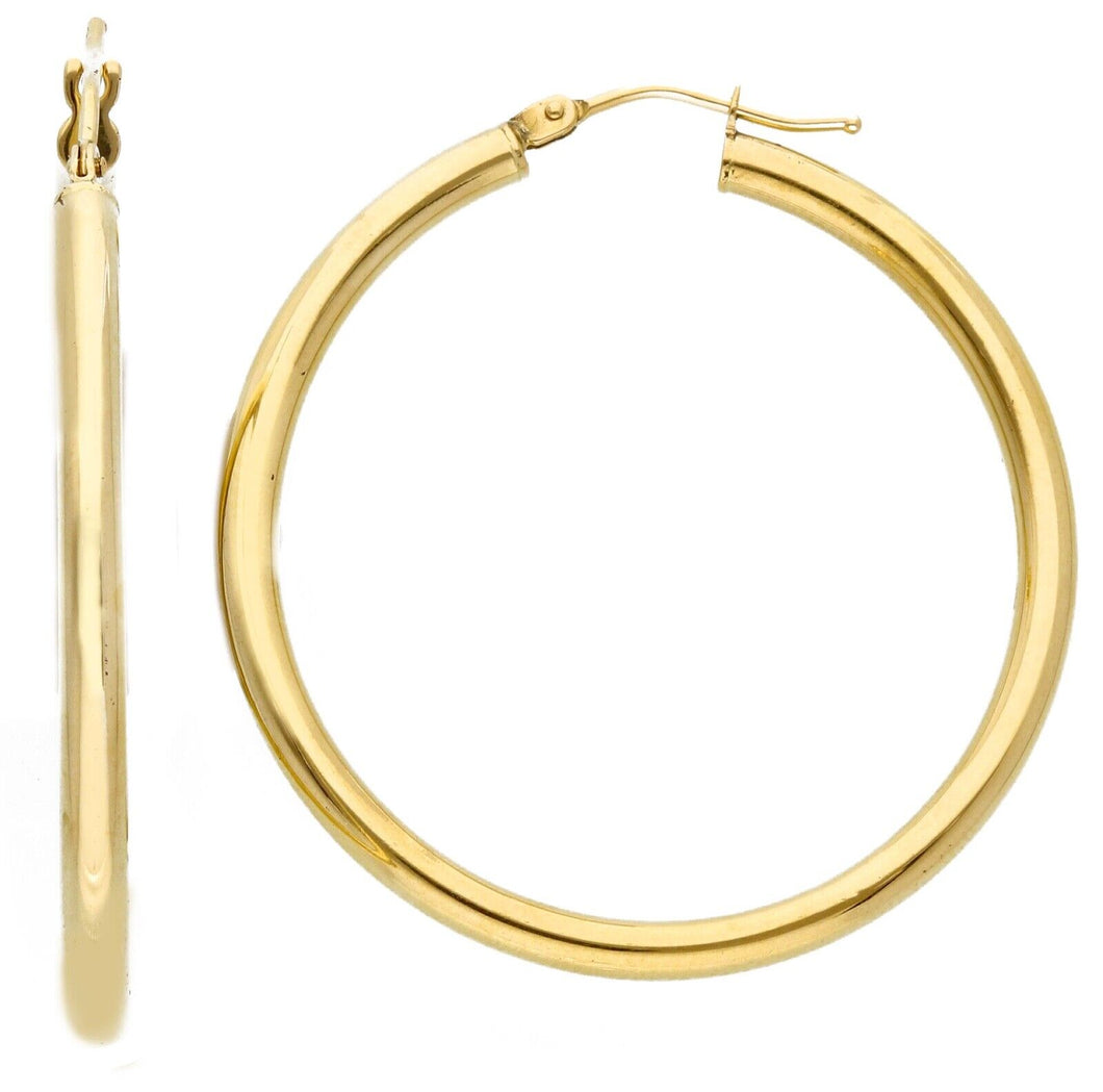 18k yellow gold round circle hoops earrings internal diameter 30mm, width 2.5mm.