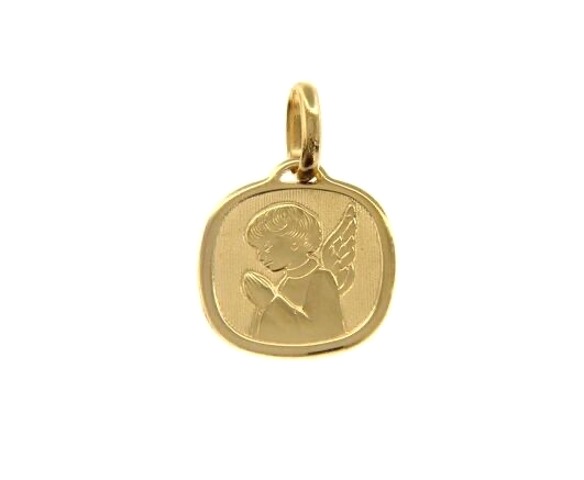 18K YELLOW GOLD PENDANT SQUARE MEDAL GUARDIAN ANGEL IN PRAYER 16mm ENGRAVABLE