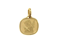 18K YELLOW GOLD PENDANT SQUARE MEDAL GUARDIAN ANGEL IN PRAYER 16mm ENGRAVABLE.