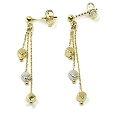 18K YELLOW WHITE GOLD PENDANT EARRINGS, THREE WIRES, SMALL CUBES, 4 cm.