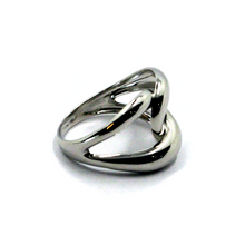 Load image into Gallery viewer, SOLID 18K WHITE GOLD CENTRAL 15mm ROUNDED BRAIDED HUG CROSSED PUFFED BAND RING.
