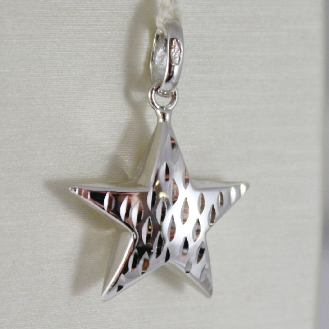 18k white gold rounded star pendant charm 26 mm worked & smooth, made in Italy.