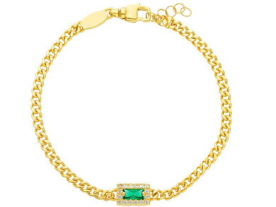 18K YELLOW GOLD BRACELET, GOURMETTE CUBAN CURB LINK 3.2mm, SQUARE GREEN ZIRCONIA.
