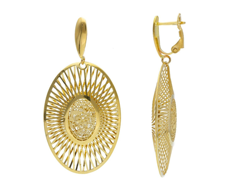 18K YELLOW GOLD PENDANT 50mm EARRINGS WORKED FLOWER RAYS TWO FACES OVALS, CLIPS.