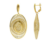 18K YELLOW GOLD PENDANT 50mm EARRINGS WORKED FLOWER RAYS TWO FACES OVALS, CLIPS.