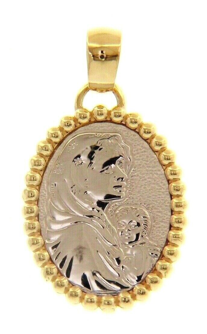 18K YELLOW WHITE GOLD MEDAL PENDANT, VIRGIN MARY, MADONNA AND JESUS WITH FRAME
