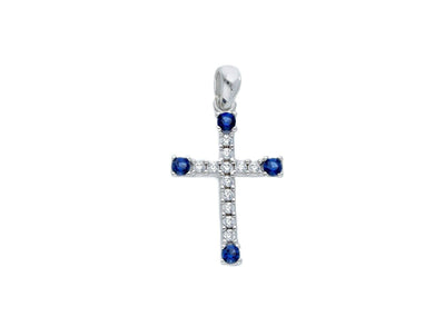 18K WHITE GOLD SMALL 12mm CROSS WITH WHITE & BLUE ROUND CUBIC ZIRCONIA.