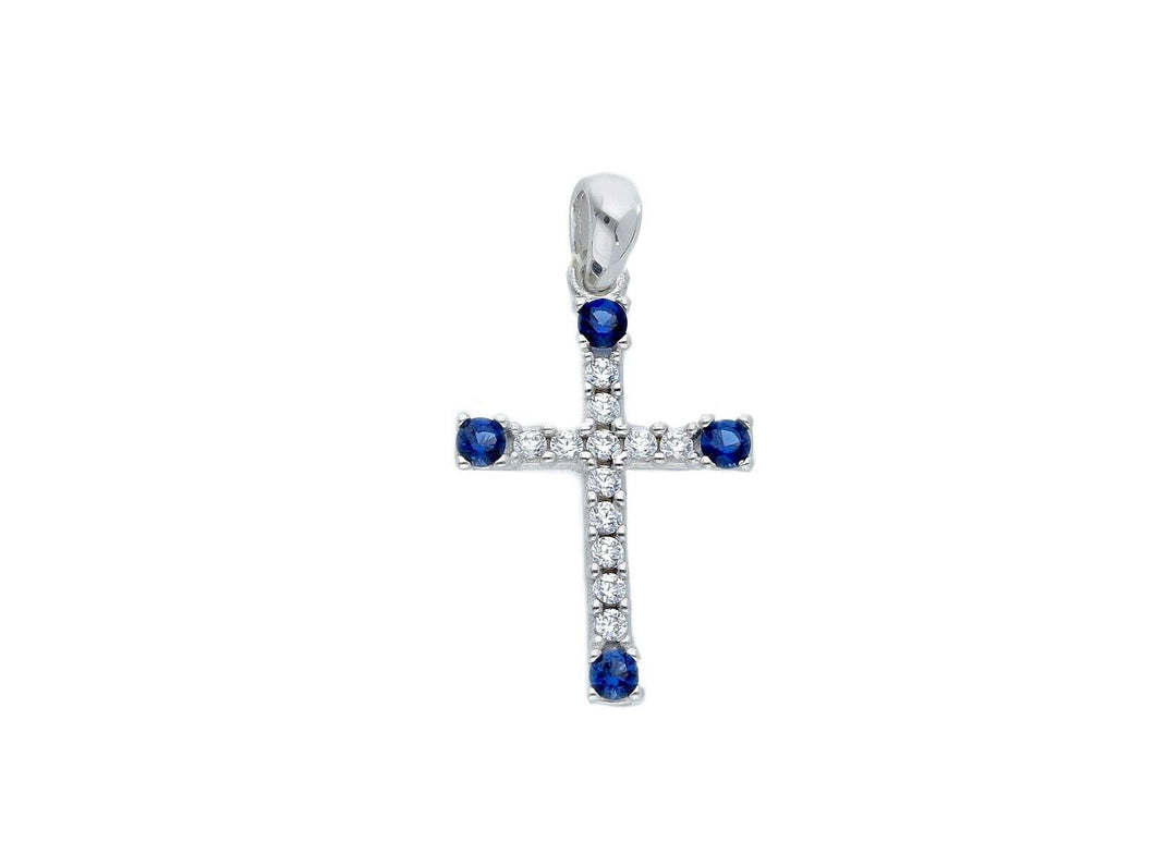 18K WHITE GOLD SMALL 12mm CROSS WITH WHITE & BLUE ROUND CUBIC ZIRCONIA