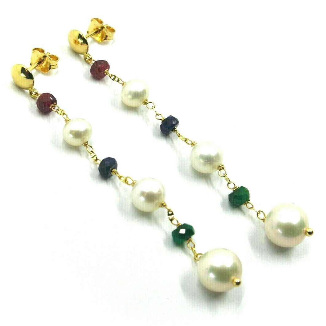 18k yellow gold pendant earrings fw white pearls, ruby, sapphire, emerald.