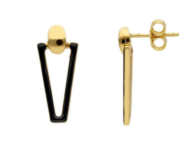 18K YELLOW GOLD BLACK ENAMEL TRIANGULAR 23mm PENDANT TUBE EARRINGS.