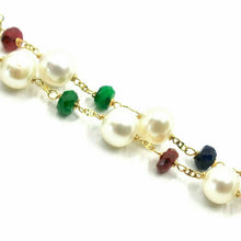 Load image into Gallery viewer, 18k yellow gold 24&quot; necklace alternate 4mm sapphire emerald ruby &amp; 6.5mm pearls
